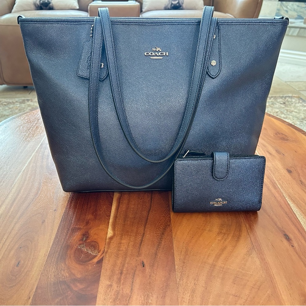 Coach Denim Blue Shimmer Leather Tote Bag and Wallet Set, EUC